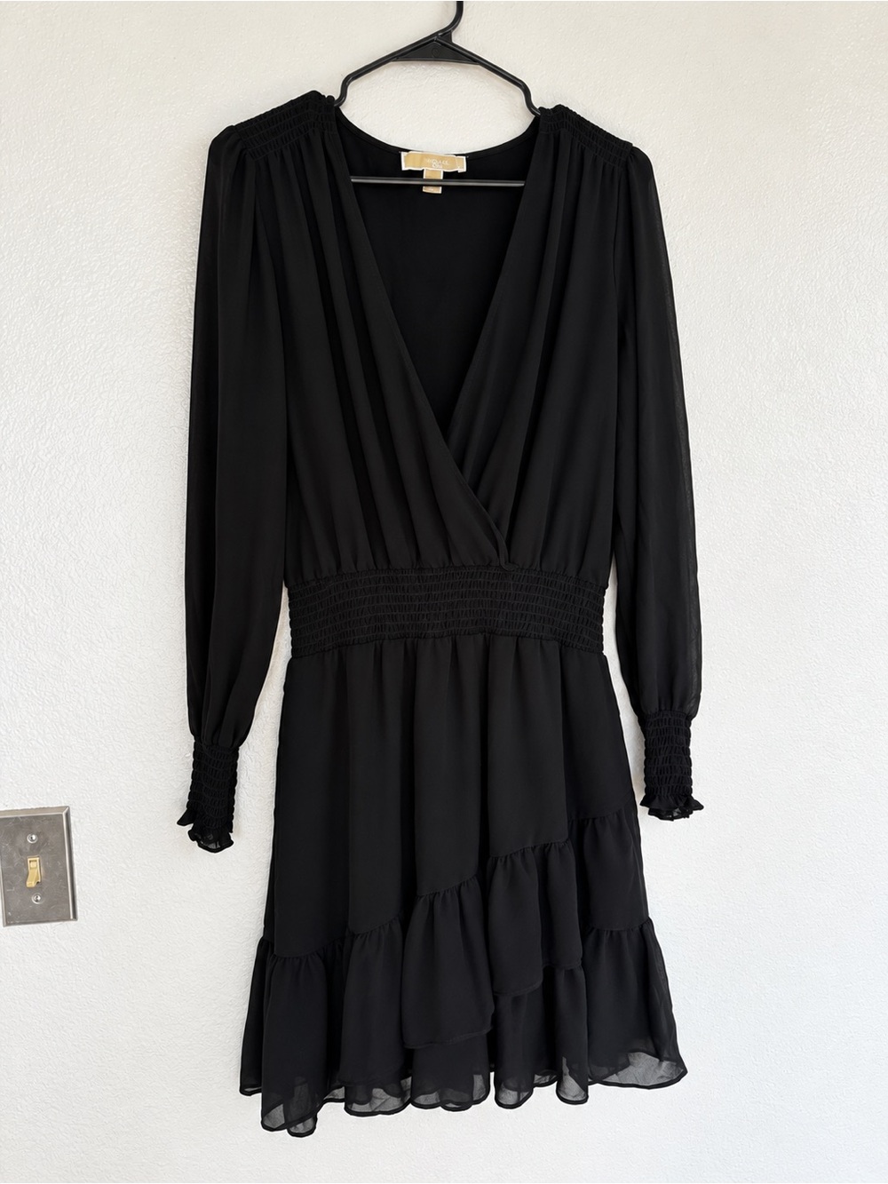 Michael Kors Black Long-Sleeve Smocked-Waist Dress